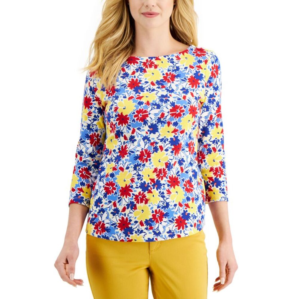 Charter Club Womens Printed Boat Neck 3/4 Sleeve Top